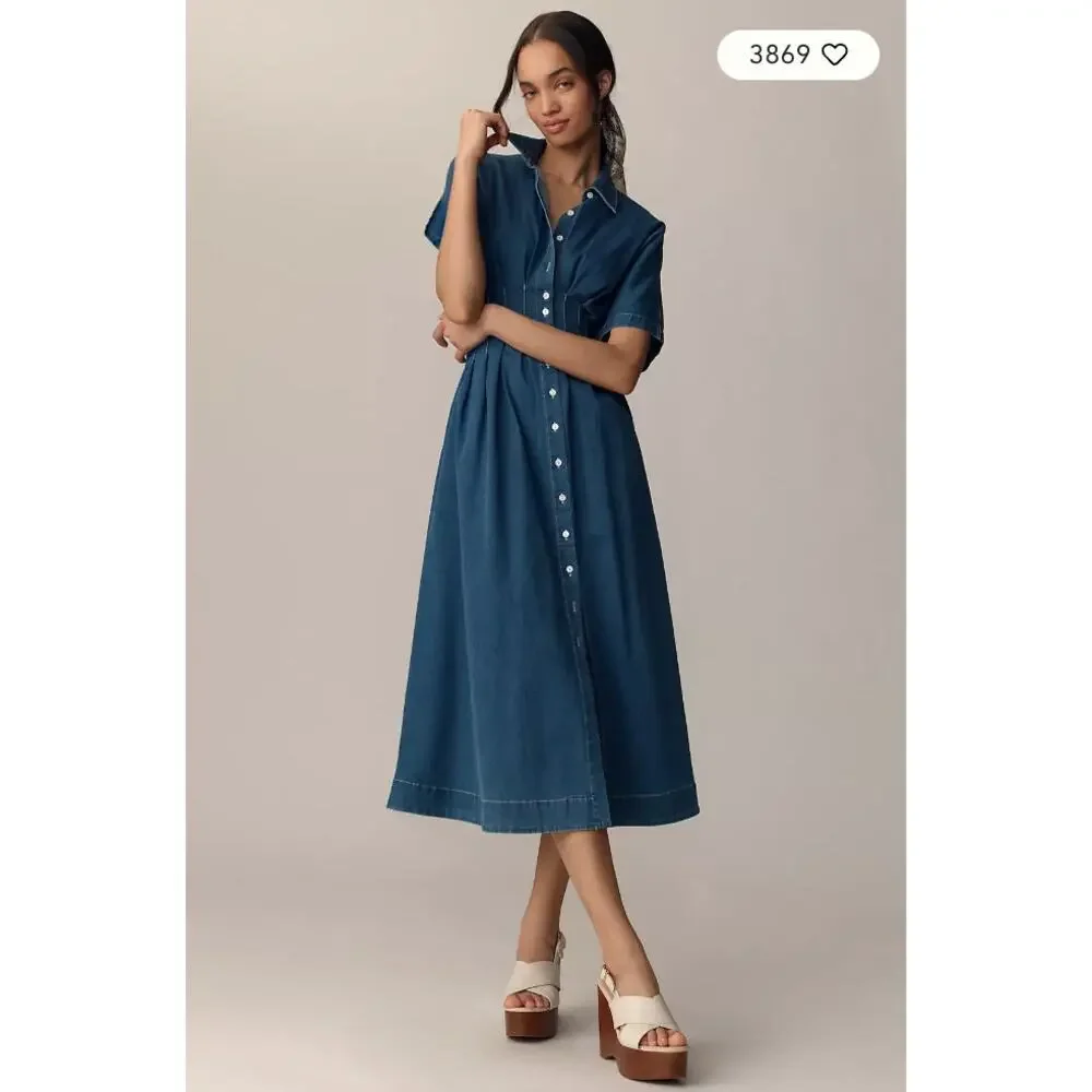 Anthropologie The Tobie Button-Front Pleated Shirt Dress Denim Medium